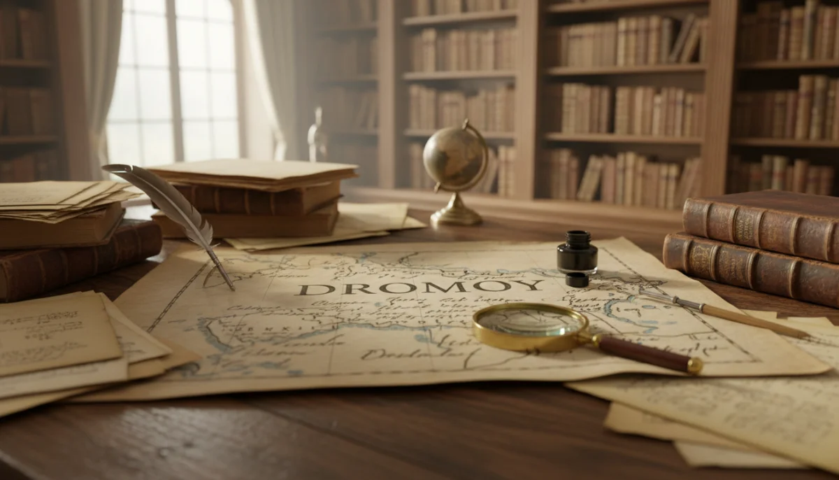 Carte ancienne annotée, localisant le nom Dromoy, dans un bureau de recherche historique.
