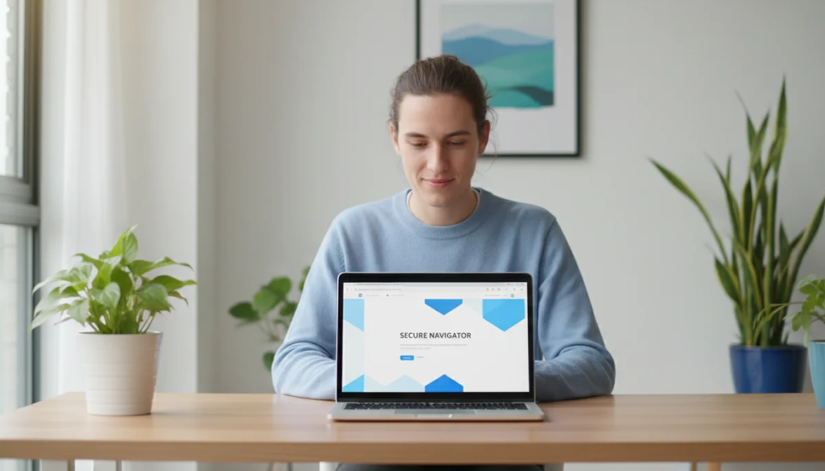Personne naviguant sur Fmovies depuis un ordinateur portable dans un bureau moderne.
