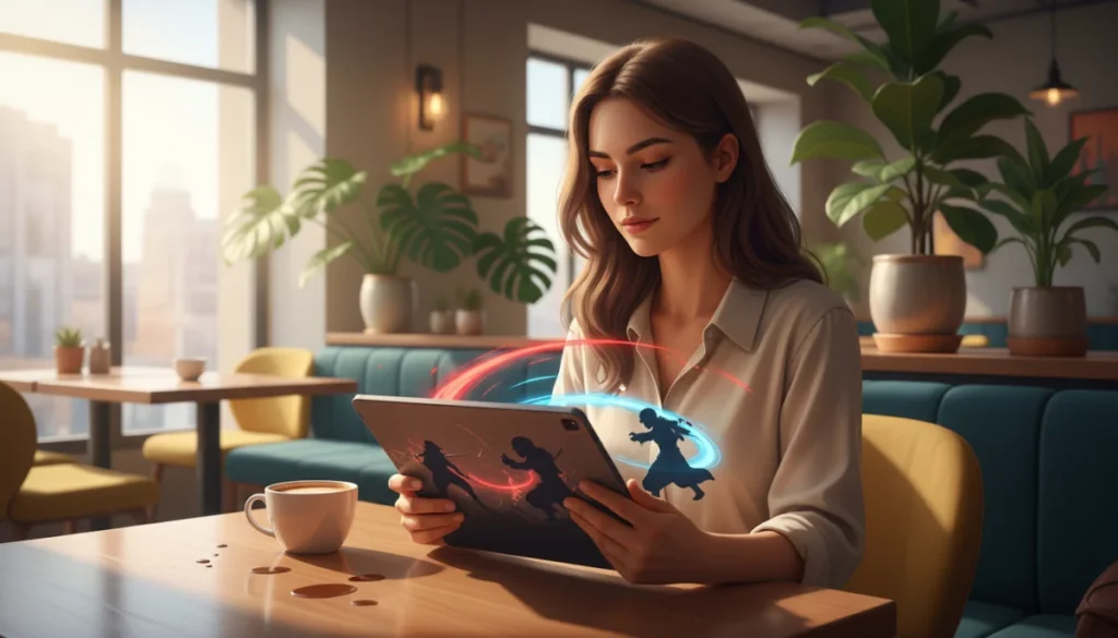 Personne lisant le scan vf "On My Way to Kill God" dans un café lumineux.