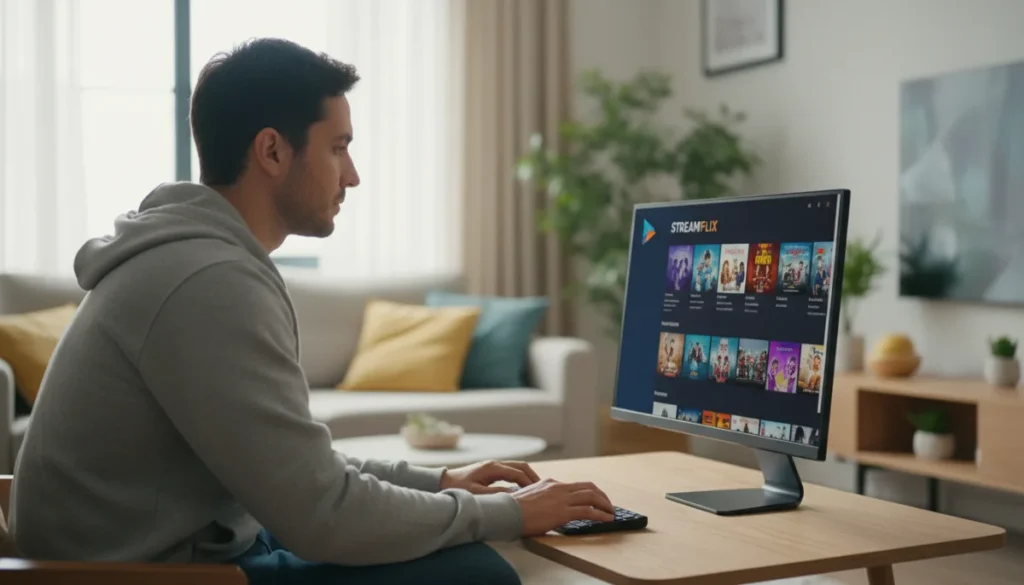 Personne concentrée regardant un site de streaming SenpaiStream sur un écran d'ordinateur dans un salon lumineux.