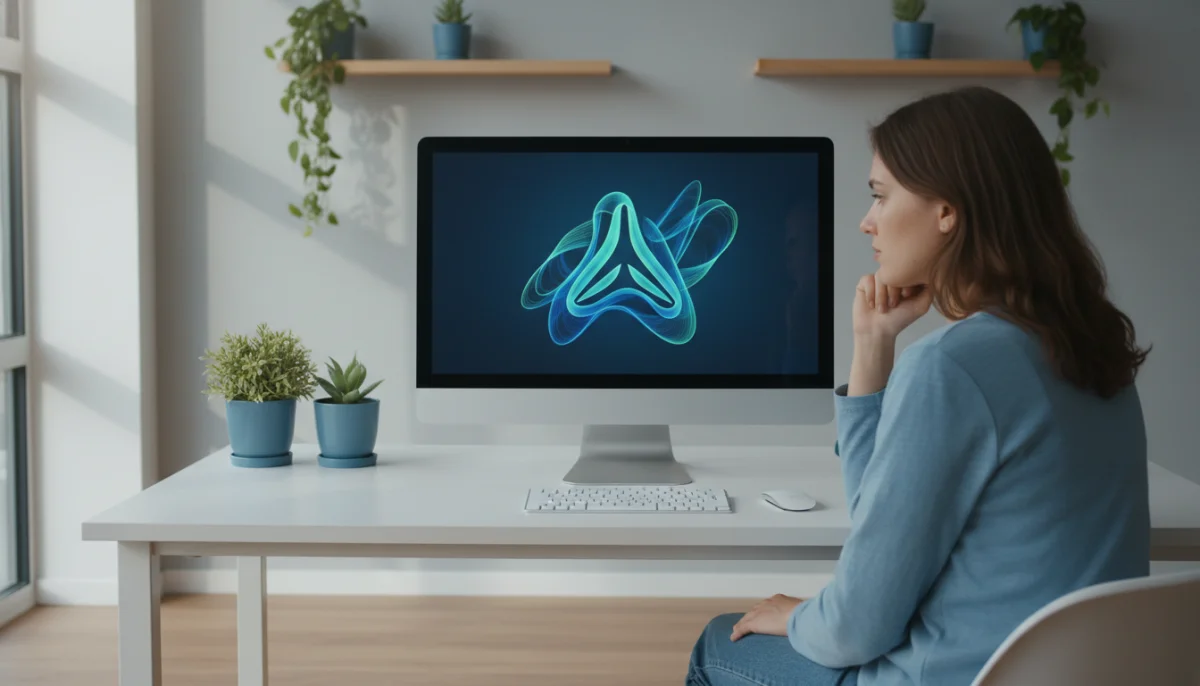 Personne contemplative devant un écran Top Stream, bureau moderne, flux vidéo affiché.