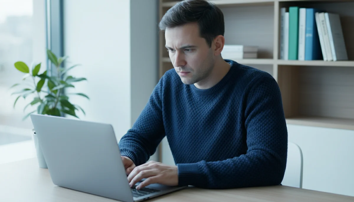 Personne concentrée sur un ordinateur portable, lumière douce, suggérant l'accès à Top Stream malgré un risque élevé.