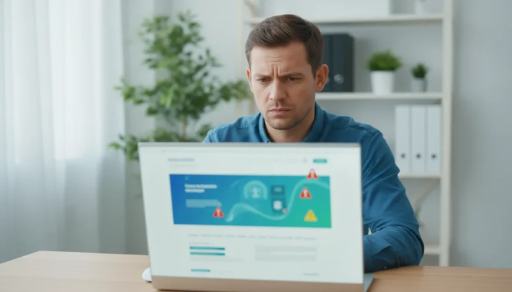 Personne méfiante devant un écran d'ordinateur affichant des icônes suspectes.
