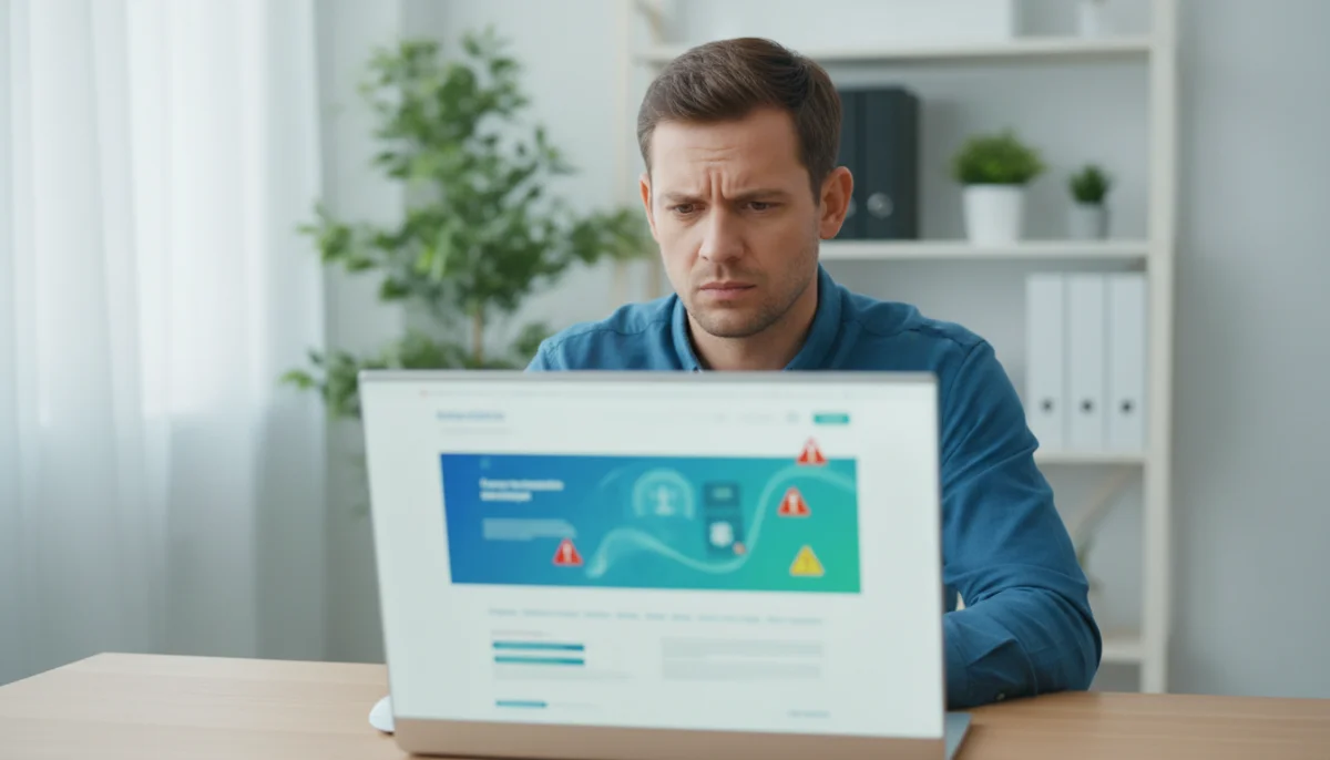 Personne méfiante devant un écran d'ordinateur affichant des icônes suspectes.
