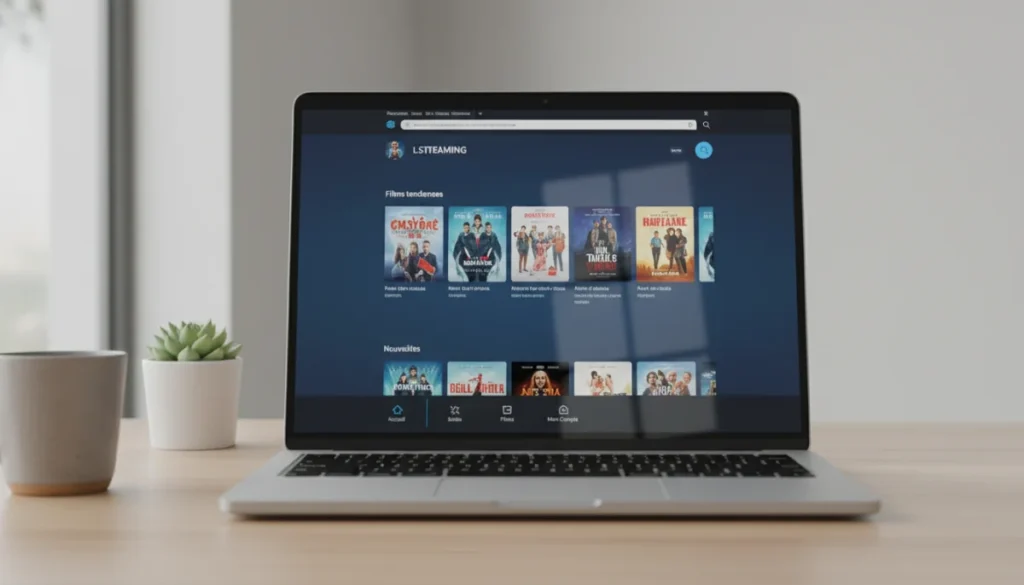 Les enjeux réels derrière l’utilisation de 01streaming Interface moderne de 01Streaming avec vignettes de films HD sur un bureau lumineux.