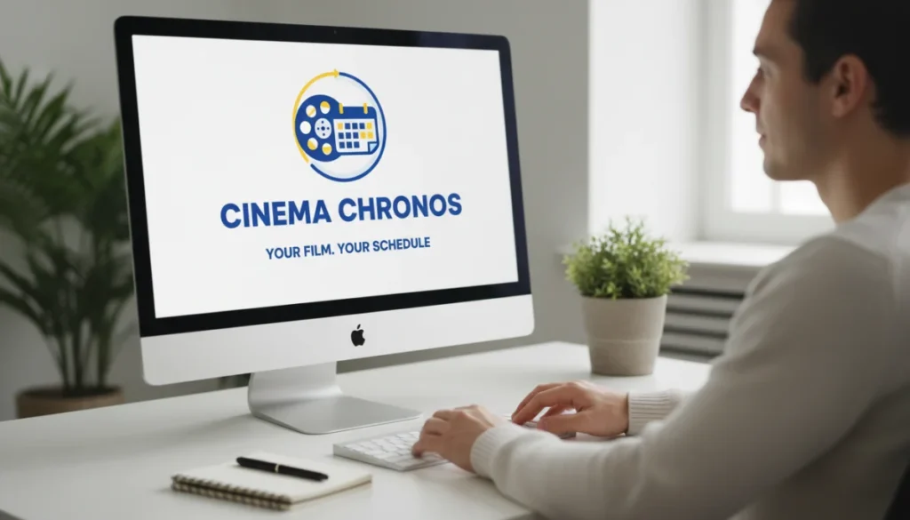 Logo stylisé "1 jour 1 film" sur écran d'ordinateur, bureau moderne