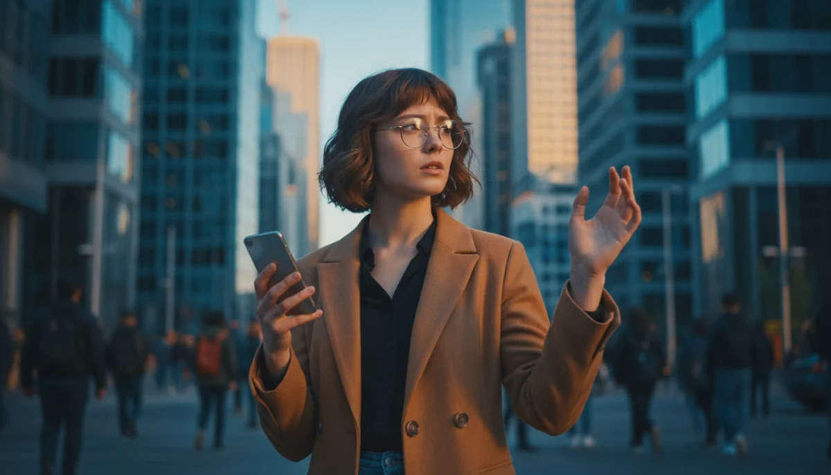 Jeune femme perplexe aux lunettes rondes dans une ville animée, clé de "Why Nobody Remembers My World Scan FR".