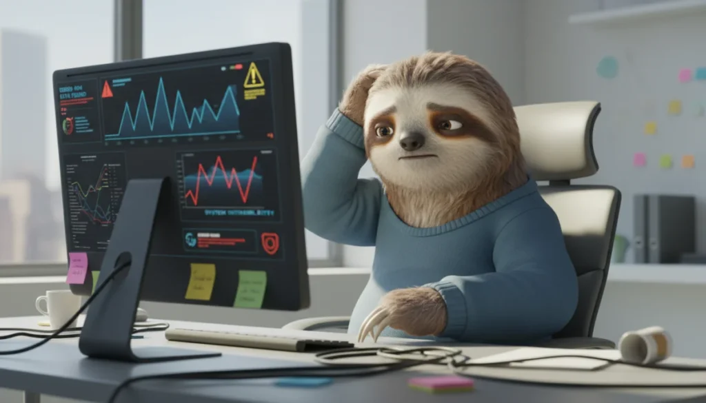 Flemmix, paresseux anthropomorphe perplexe devant un bureau moderne et des données complexes.