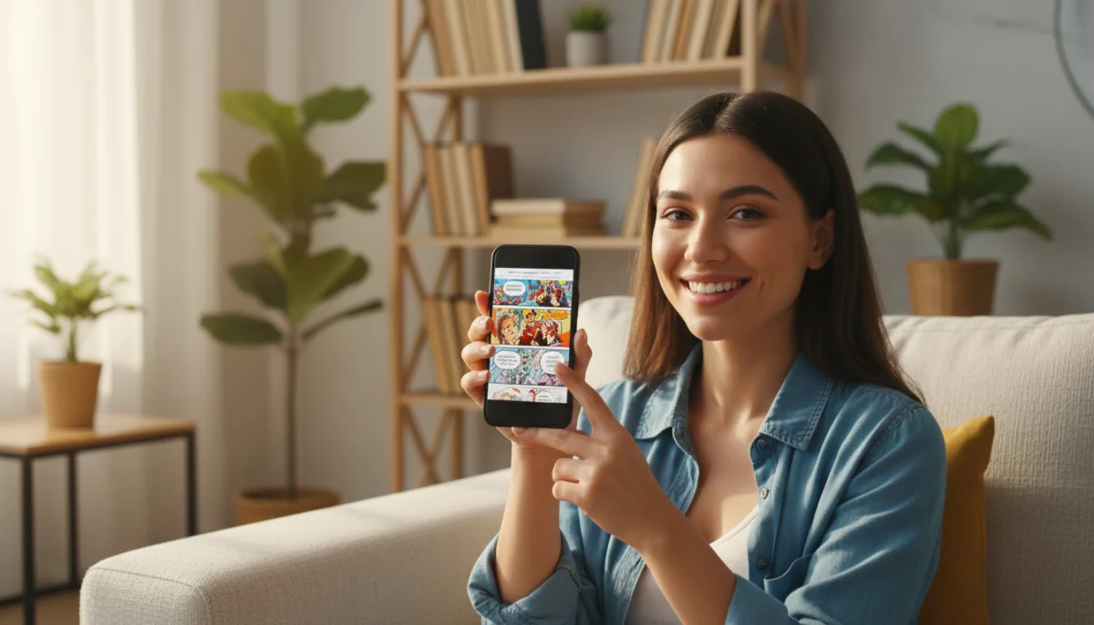Jeune femme souriante lisant des BD sur smartphone, pour ne pas mourir scan.