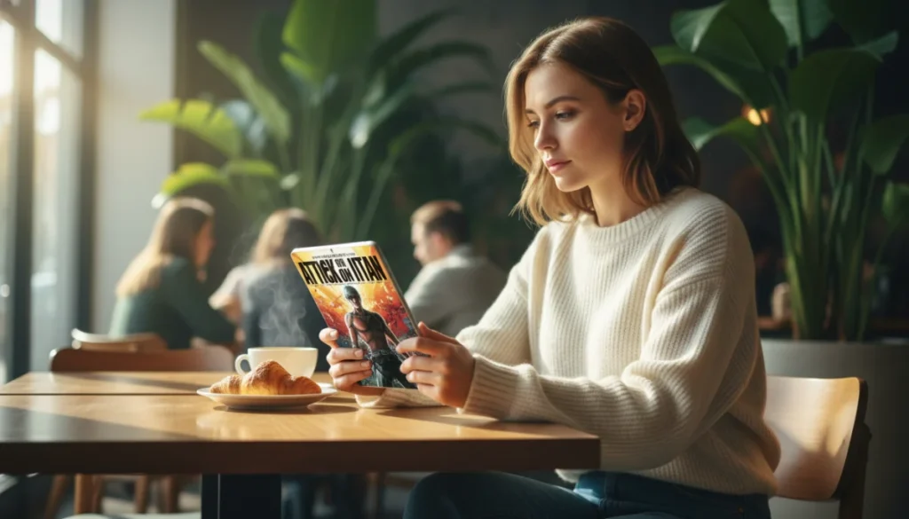 May i ask for one final thing scan en ligne et en version officielle Jeune femme lisant le manga "May I Ask For One Final Thing" sur tablette dans un café lumineux.