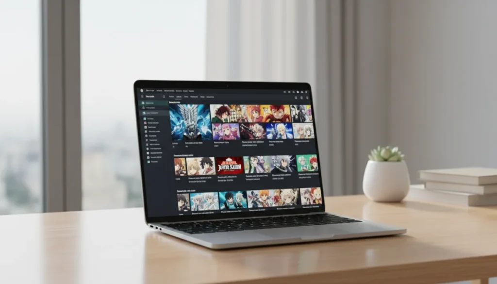 Ordinateur portable affichant Vostfree : interface de streaming anime sur bureau moderne.