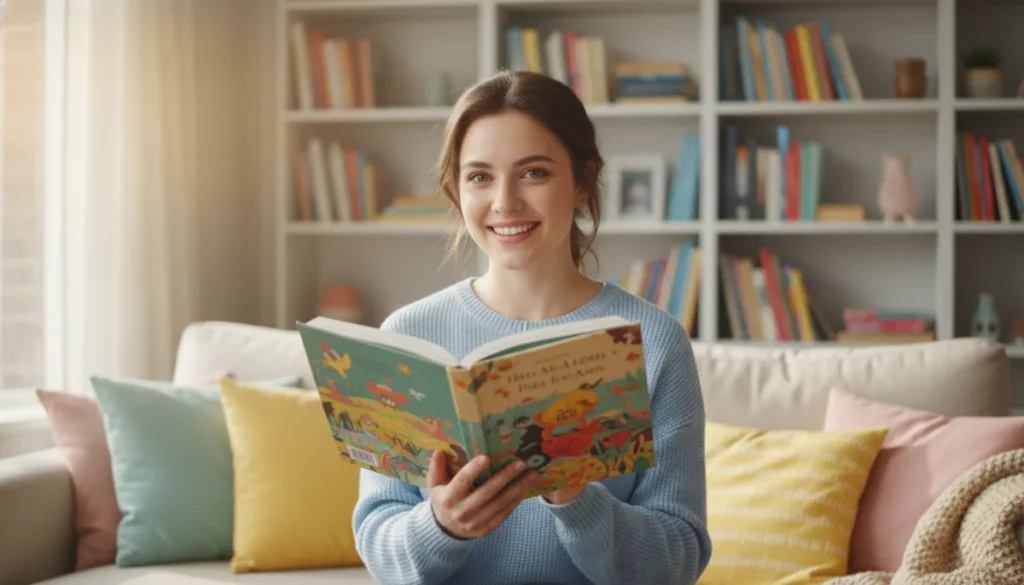 Jeune femme souriante lisant un livre illustré dans un salon lumineux, découvrant Who Made Me a Princess.