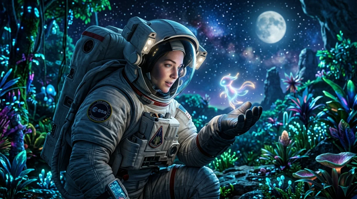 Astronaute observant une créature fantastique lumineuse dans un paysage extraterrestre luxuriant pour un film en e.