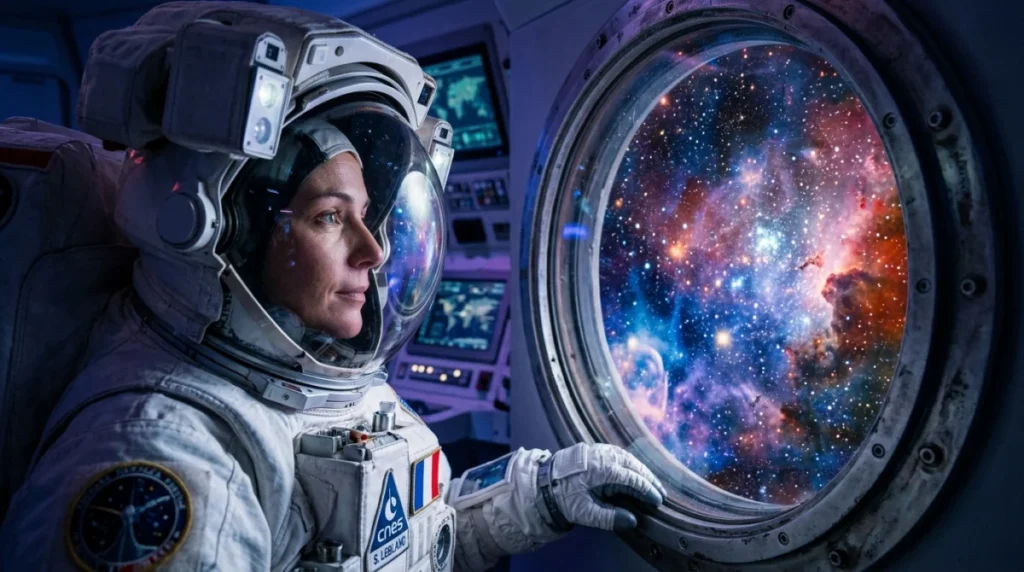 Les meilleurs films sur l’espace à voir selon vos envies Astronaute en combinaison observant une nébuleuse colorée depuis le hublot d'un vaisseau spatial pour un film sur espace.