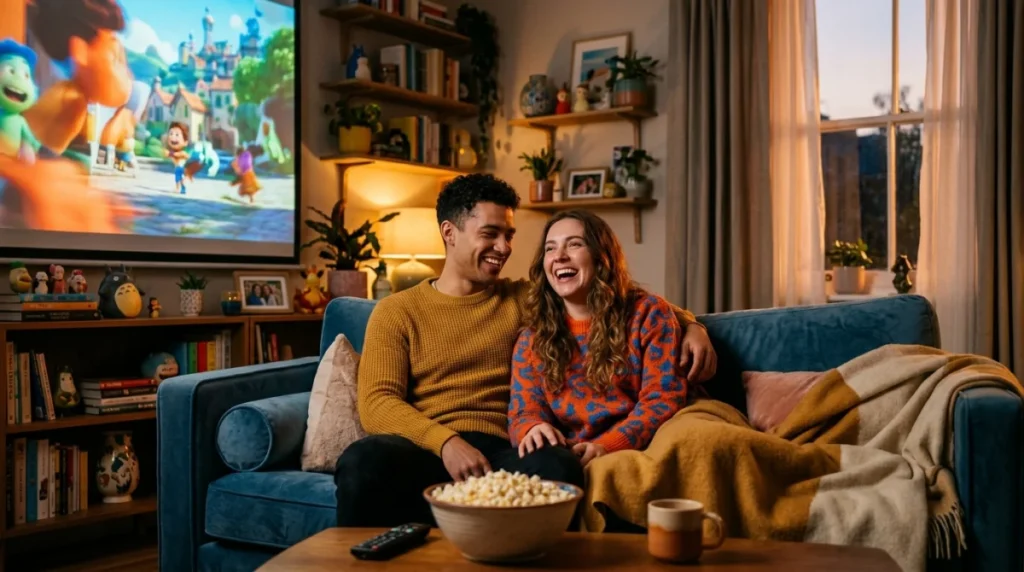 Liste complète de film en e Jeune couple complice regardant un film en e animé sur un écran dans un salon cosy et moderne.