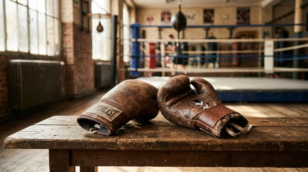 Les meilleurs films sur la boxe à voir Paire de gants de boxe en cuir usé posée sur un banc dans une salle de boxe vintage.