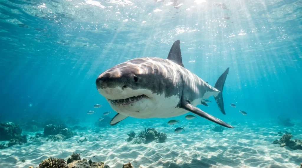 Grand requin blanc majestueux nageant calmement dans les eaux turquoise cristallines d'un océan tropical.