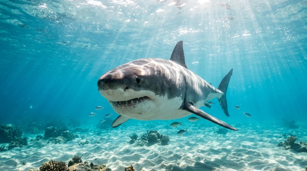 Grand requin blanc majestueux nageant calmement dans les eaux turquoise cristallines d'un océan tropical.