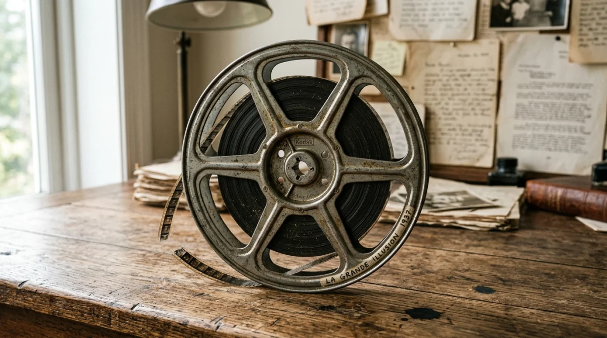 Bobine de film métallique ancienne posée sur une table en bois pour illustrer un film sur seconde guerre mondiale.