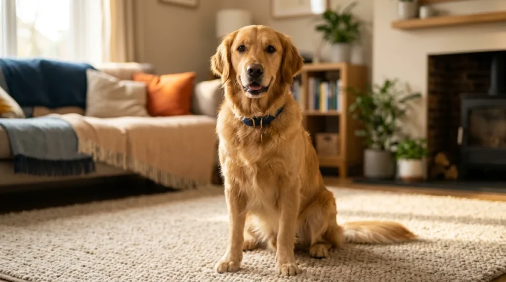 Les meilleurs films sur les chiens à connaître Chien doré au regard amical assis dans un salon chaleureux, idéal pour illustrer un film sur chien.