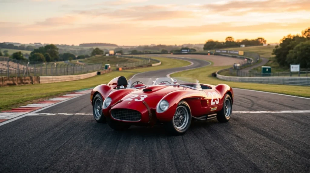 Les meilleurs films sur les voitures Voiture de course vintage élégante stationnée sur une piste de circuit au lever du soleil, idéal film sur les voitures.