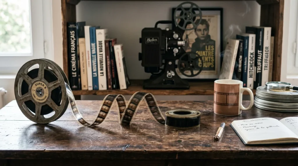 Pellicule de film sur un bureau en bois, évoquant l'ambiance mystérieuse d'un film sur les tueurs en série.