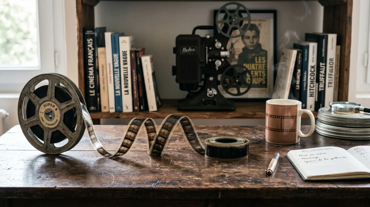 Pellicule de film sur un bureau en bois, évoquant l'ambiance mystérieuse d'un film sur les tueurs en série.