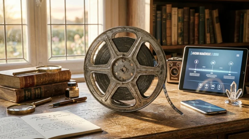 Les meilleurs films sur le voyage dans le temps Bobine de film vintage sur une table en bois, illustrant un film sur le voyage dans le temps.