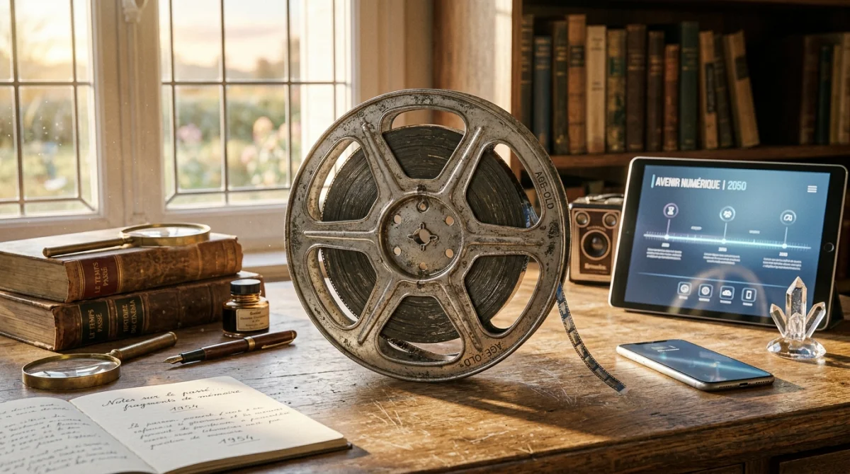 Bobine de film vintage sur une table en bois, illustrant un film sur le voyage dans le temps.