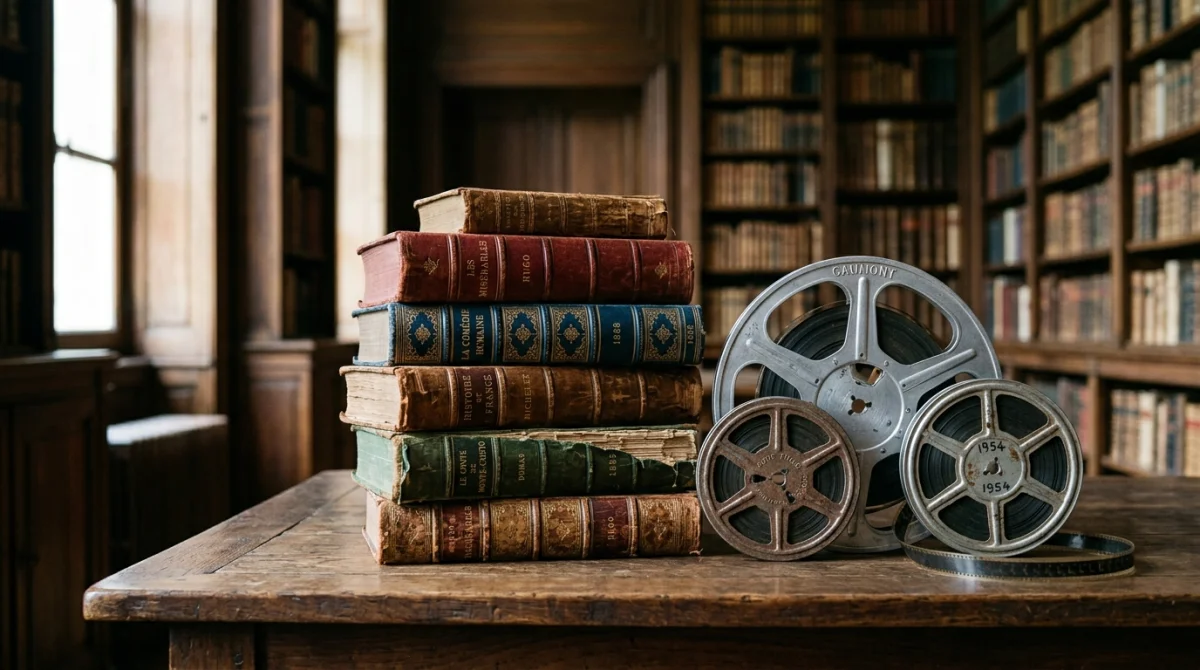 Pile de livres anciens et bobines de film vintage sur une table en bois dans une bibliothèque, film sur les juifs.
