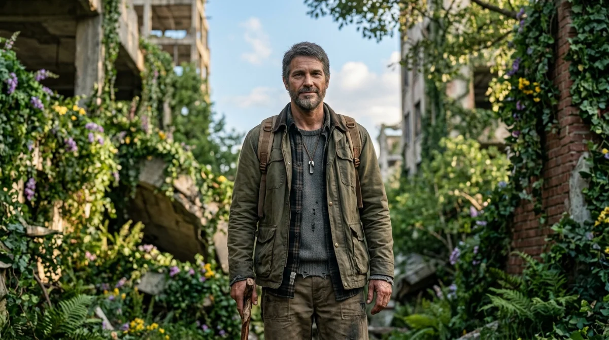 Survivant serein en vêtements usés dans une ville abandonnée envahie par la végétation pour un film en z.