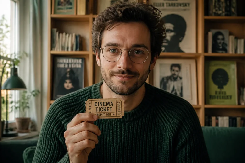 Cinéphile en pull vert tenant un ticket de cinéma dans un salon cosy avec bibliothèque en arrière-plan.