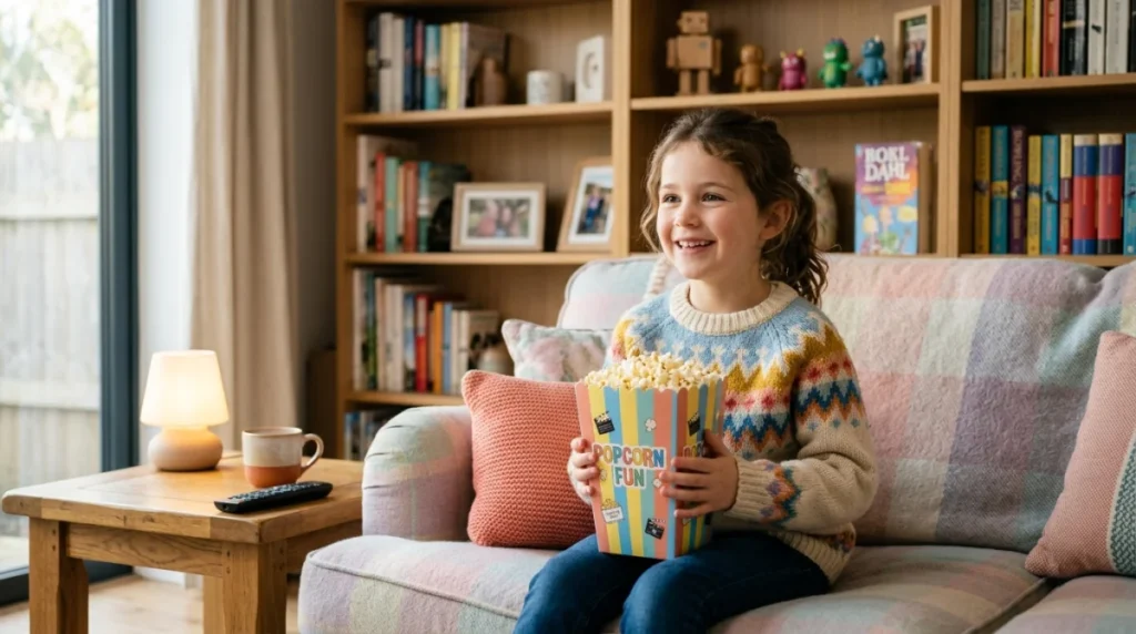 Les films en f à connaître Enfant souriant tenant du pop-corn dans un salon moderne, idéal pour regarder un film en famille.