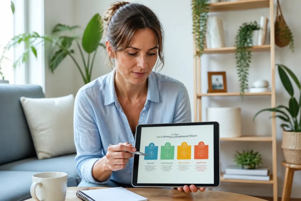 Films sur la violence conjugale Femme concentrée consultant des ressources pédagogiques sur une tablette dans un salon lumineux pour illustrer des films sur la violence conjugale.