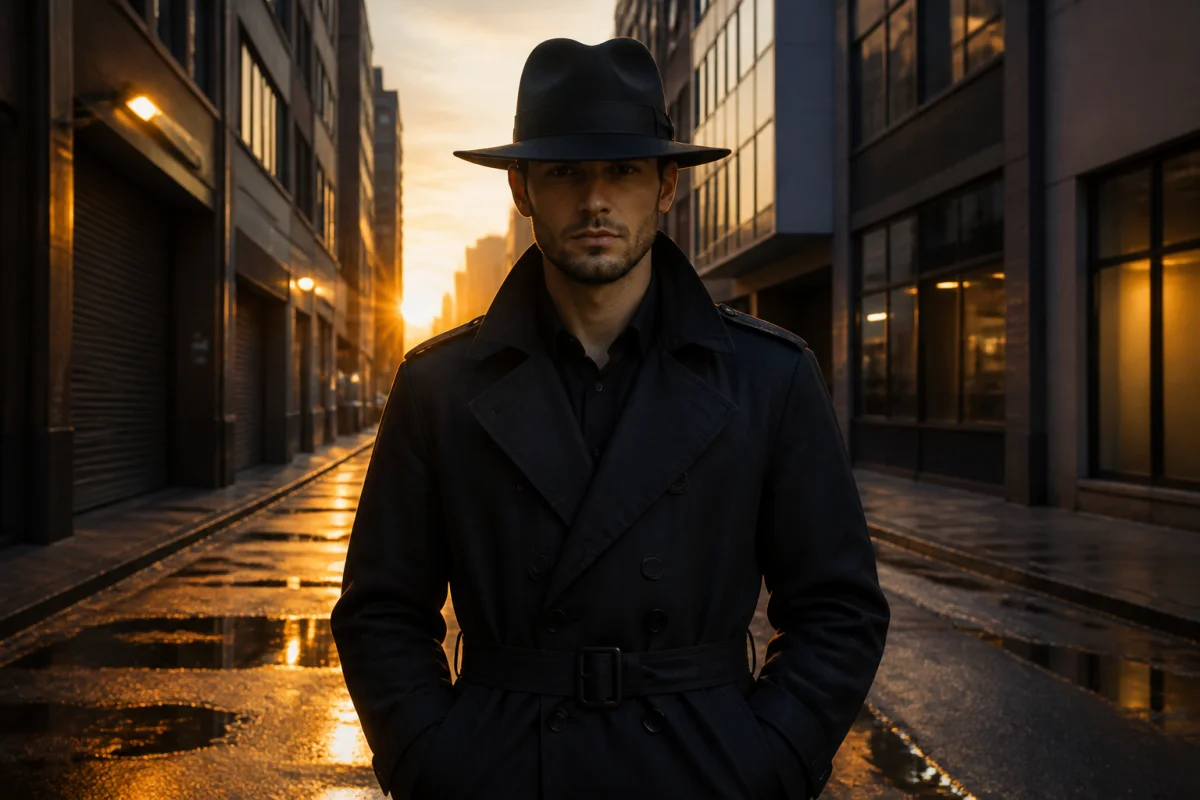Silhouette mystérieuse en trench-coat dans une ruelle urbaine au coucher du soleil pour illustrer un film en d.