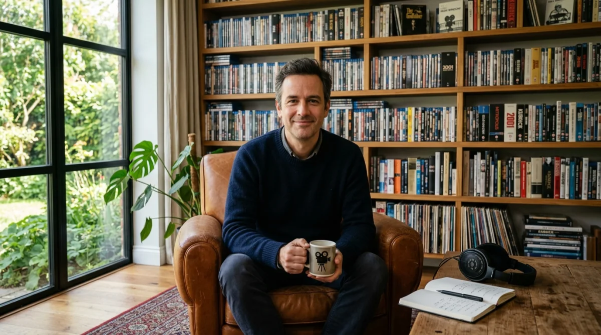 Un cinéphile passionné assis dans son salon cosy, réfléchissant à une sélection de films en i.