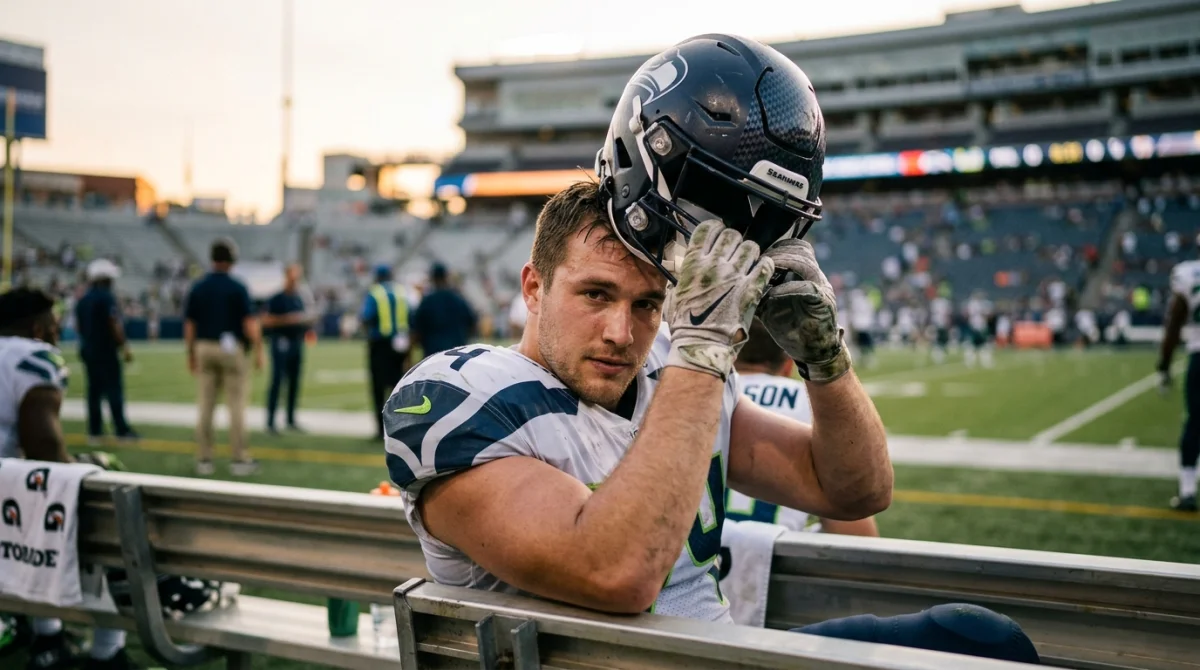 Joueur de football américain pensif retirant son casque sur le banc de touche lors d'un match.