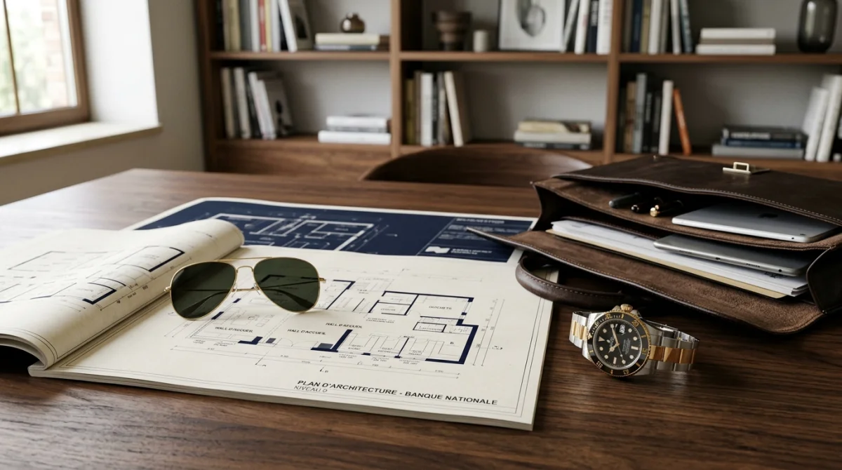 Plans de banque, montre de luxe et mallette sur un bureau pour préparer un film sur braquage.