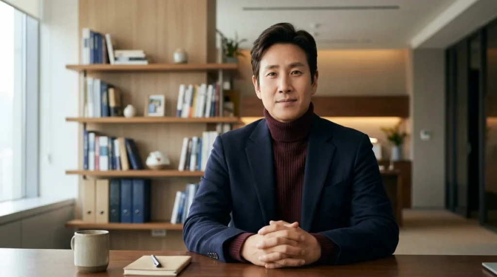 Films et séries TV avec Lee Sun kyun Portrait professionnel de l'acteur Lee Sun-kyun portant un col roulé bordeaux dans un bureau minimaliste.