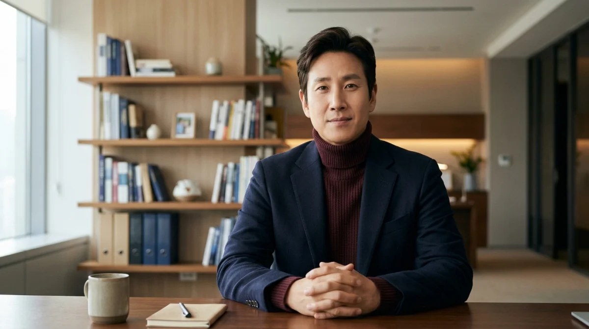 Portrait professionnel de l'acteur Lee Sun-kyun portant un col roulé bordeaux dans un bureau minimaliste.