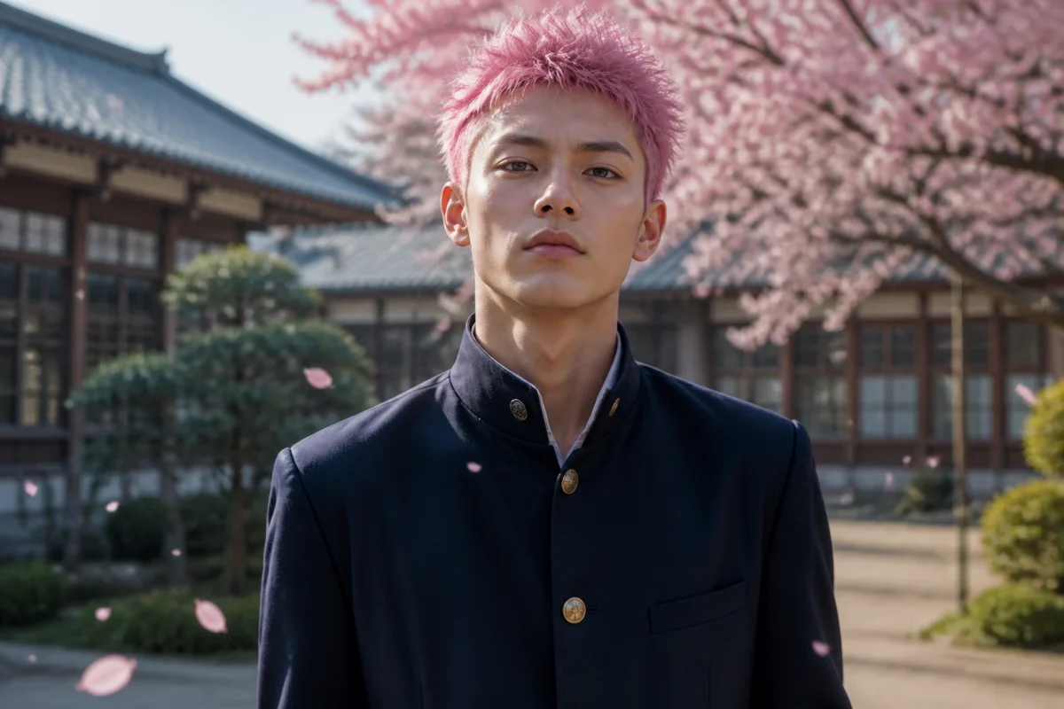 Yuji Itadori, l'un des principaux personnages de Jujutsu Kaisen, debout dans une cour d'école sous les cerisiers.