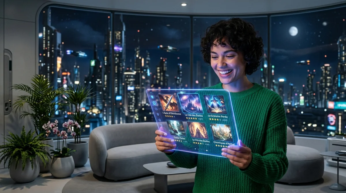 Personne enthousiaste consultant une tablette holographique affichant des icônes de film en a dans un salon futuriste.