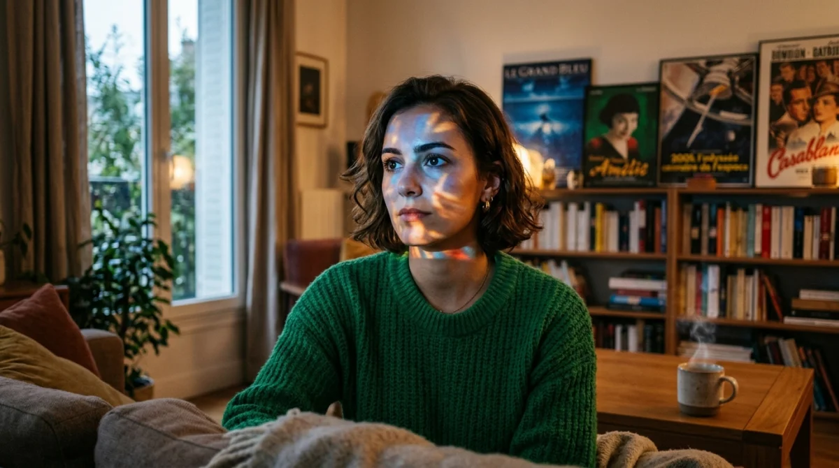 Personne concentrée regardant un film en r dans un salon moderne avec des reflets cinématographiques sur son visage.