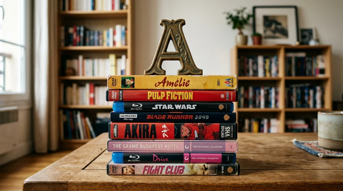 Pile artistique de boîtiers de films vintage et modernes avec une lettre A stylisée en relief.