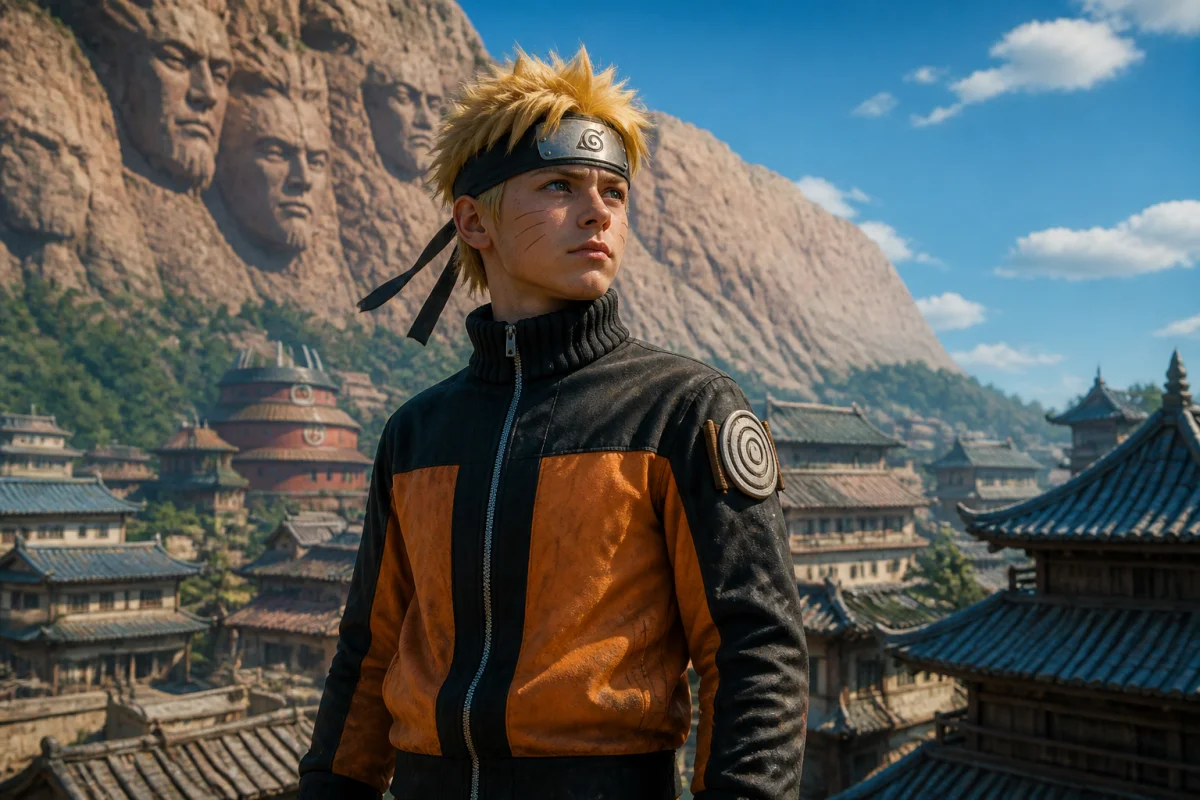 Naruto Uzumaki, l'un des principaux personnages de Naruto, debout devant le village de Konoha sous un ciel bleu.