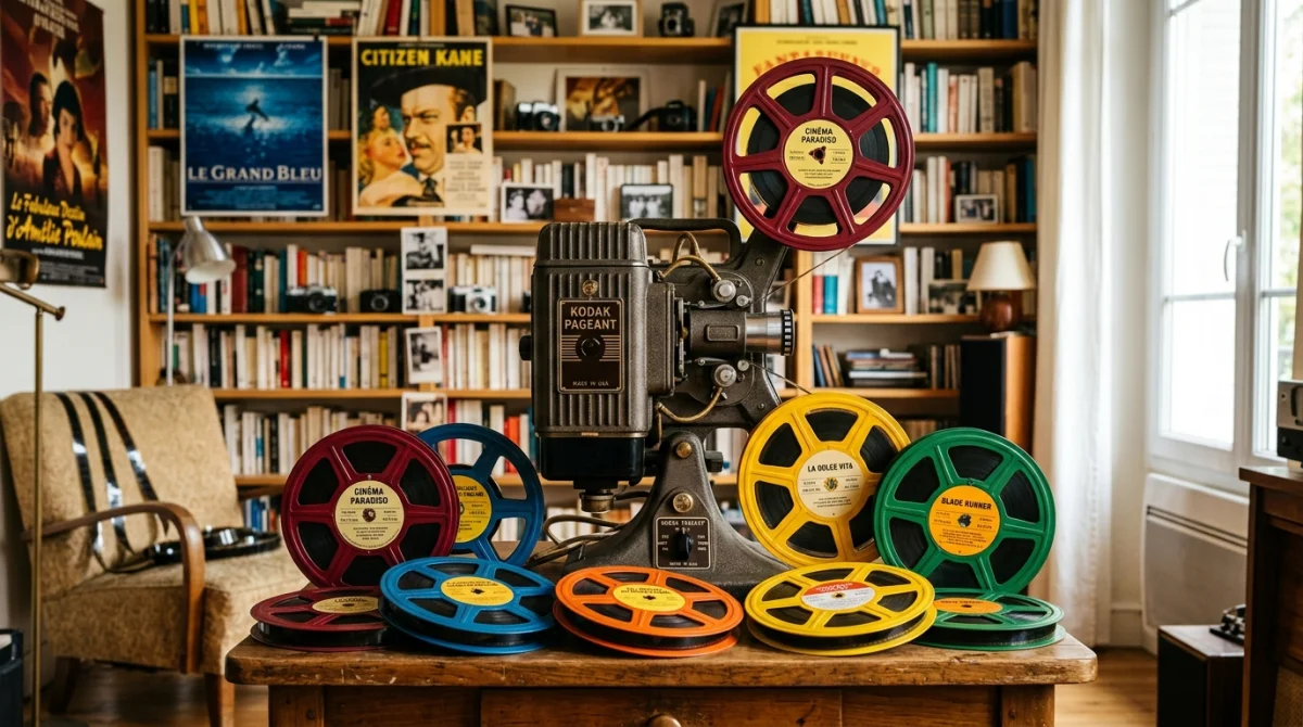 Projecteur de cinéma vintage entouré de bobines colorées dans un salon lumineux pour illustrer un film en f.