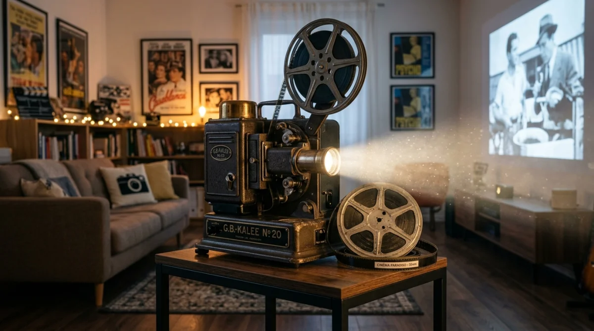 Projecteur de cinéma vintage diffusant un faisceau lumineux dans un salon moderne pour un article sur le film en r.