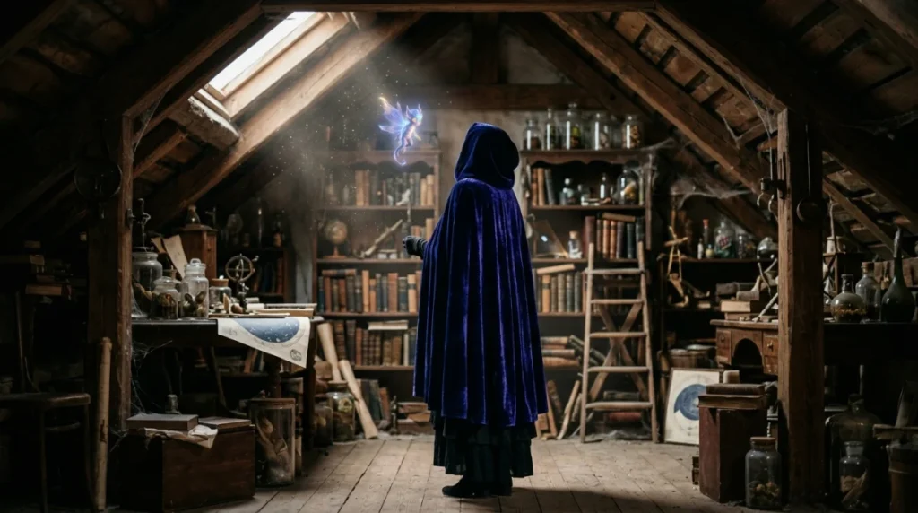 Film en n, la liste des titres à connaître Silhouette élégante en cape bleue observant une créature fantastique dans un grenier ancien, style cinématographique pour un film en n.