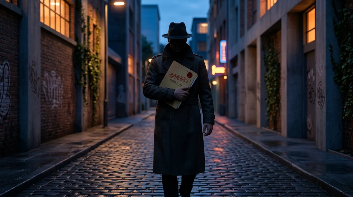 Silhouette mystérieuse en trench-coat tenant un dossier dans une ruelle urbaine au crépuscule pour un film en n.