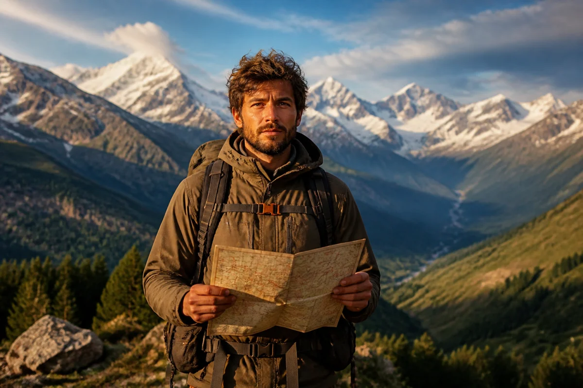 Explorateur en tenue technique consultant une carte ancienne devant un paysage de montagne pour un film en k.